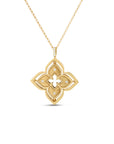 gold princess flower pendant with  a diamond bail and 4 embedded in the flower on a white background