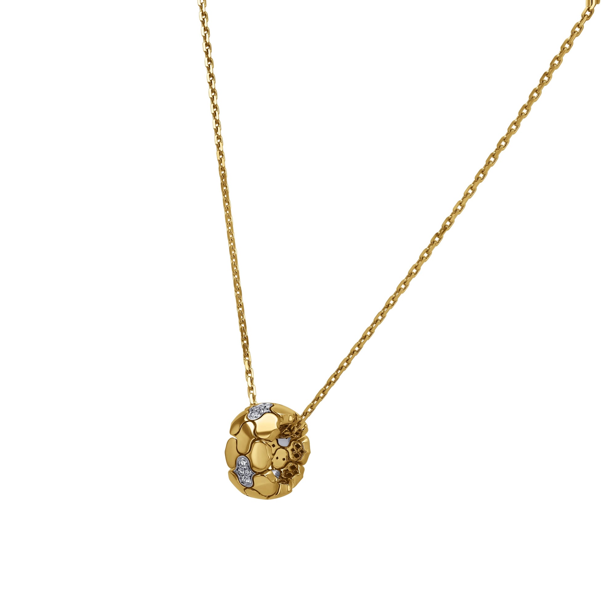 Gold necklace with a round pendant on a white background angled side view