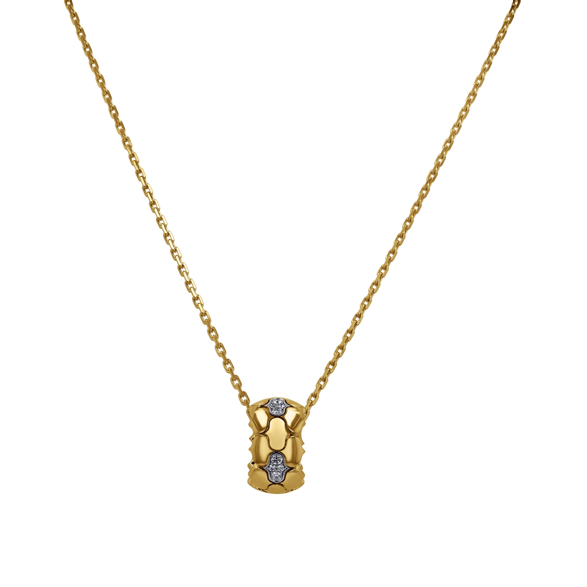 Gold necklace with a small pendant on a white background