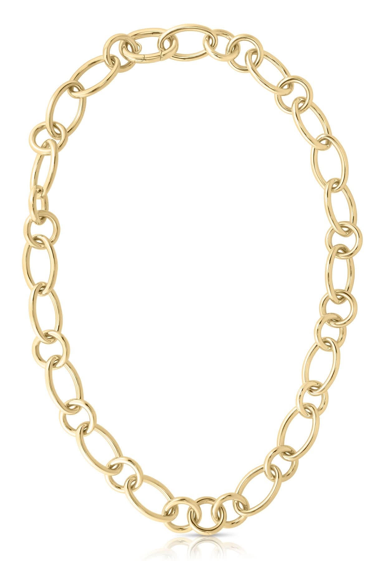 A centered front view of the Roberto Coin Designer Gold Alternating Round and Oval Link Necklace (SKU 9151221AY180), displaying its substantial 18k yellow gold 18-inch chain layout characterized by its alternating sequence of thick, highly polished elongated rectangular-oval links and round circular connector links against a clean white background.