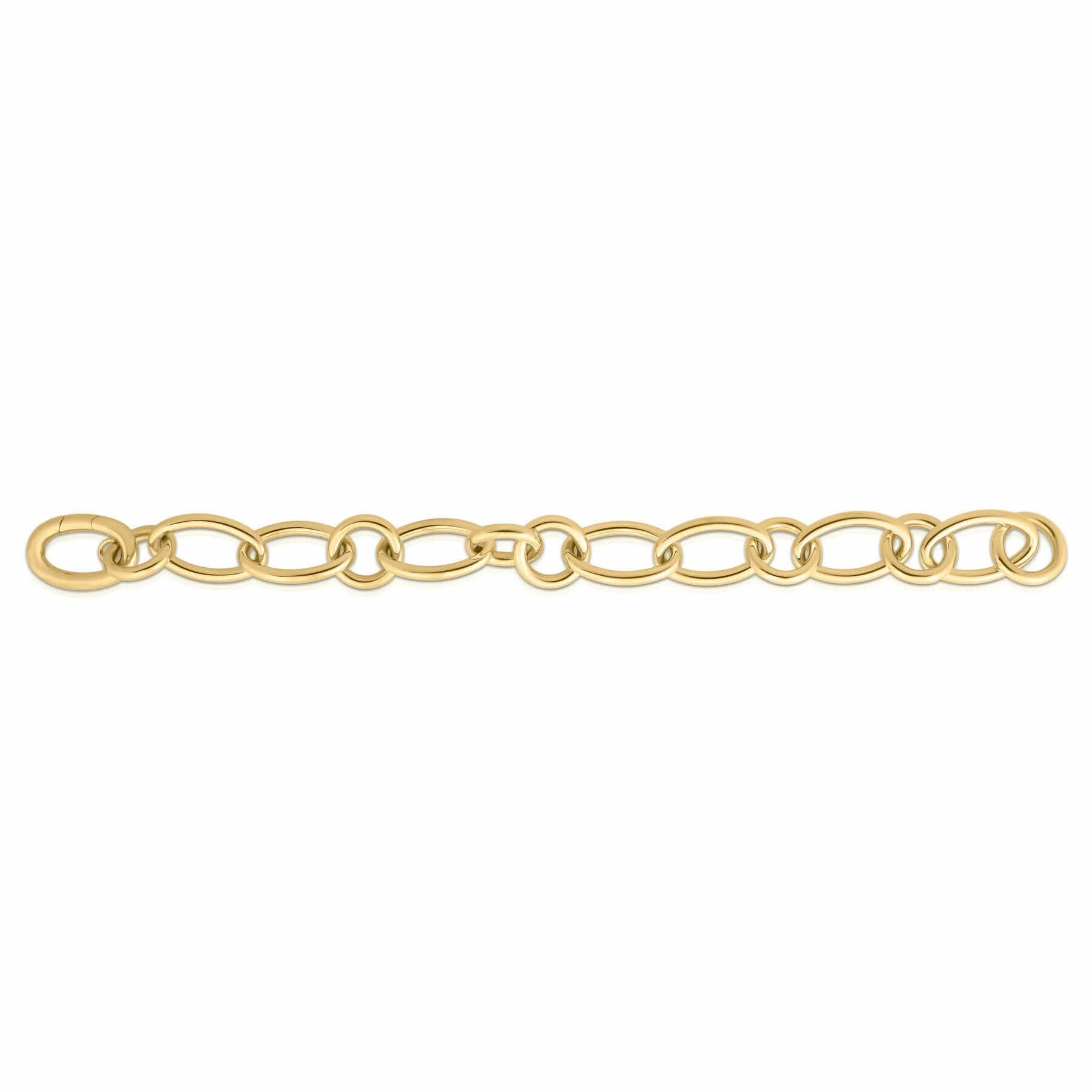 A gold chain link extension bar with oval links, shown horizontally against a plain white background.