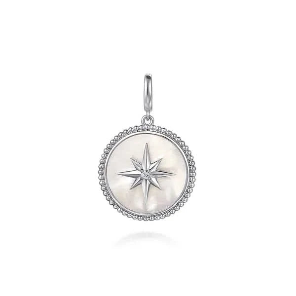 Gabriel & CO. Sterling Silver Bujukan White Sapphire and Mother Of Pearl Round Starburst Medallion Pendant - Skeie's Jewelers