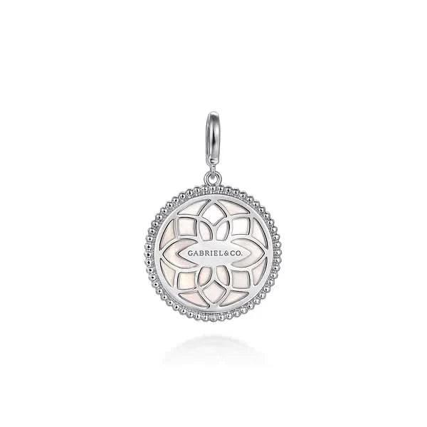 Gabriel & CO. Sterling Silver Bujukan White Sapphire and Mother Of Pearl Round Starburst Medallion Pendant - Skeie's Jewelers