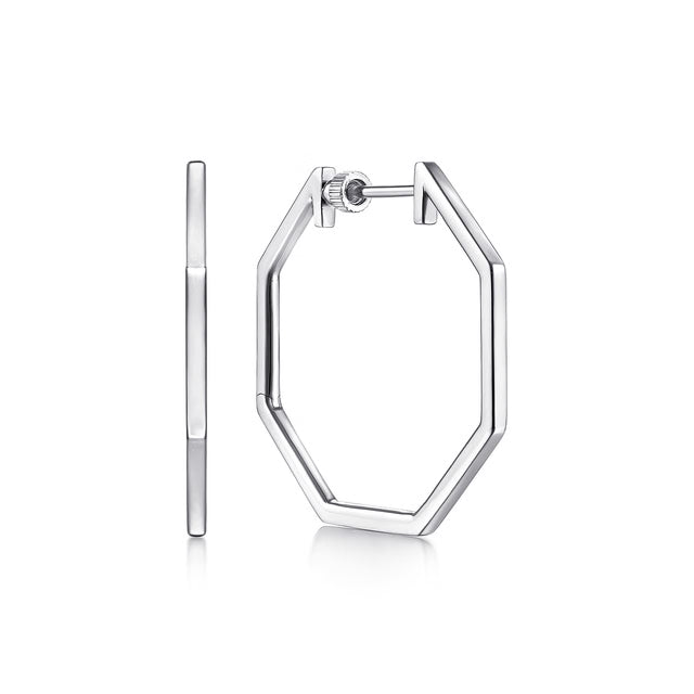 Silver hexagonal hoop earrings on a white background