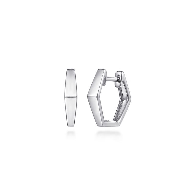 A pair of polished silver geometric hoop earrings, one shown from the front and the other from the side, on a clean white background.