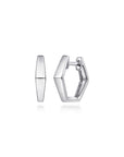 A pair of polished silver geometric hoop earrings, one shown from the front and the other from the side, on a clean white background.