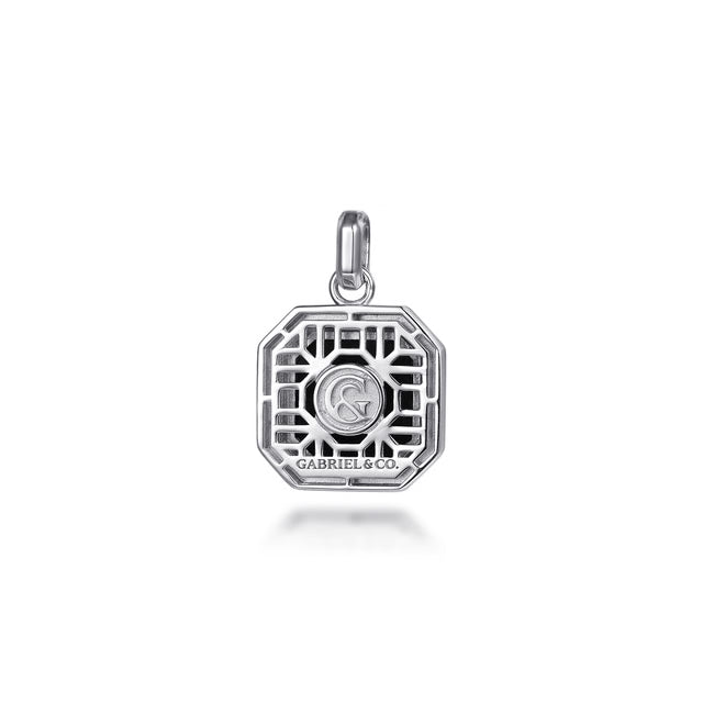 A silver octagonal pendant charm featuring a geometric grid pattern, a central monogram 'G', and the engraved brand name 'GABRIEL &amp; CO.' at the bottom, shown on a clean white background.