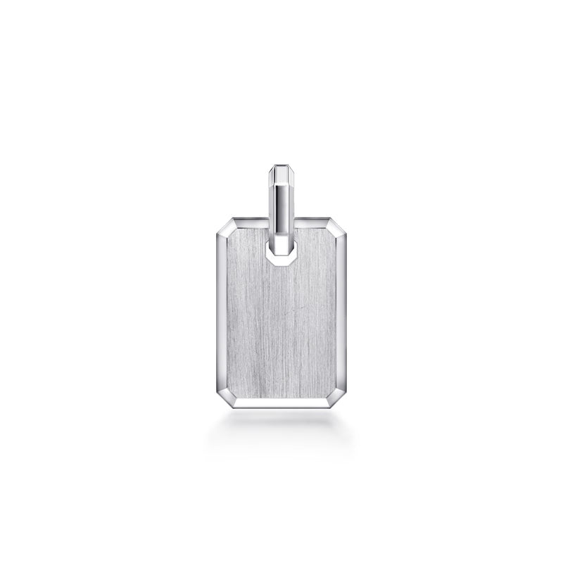 A silver rectangular pendant with a brushed metal finish and a polished bail at the top, centered on a plain white background.