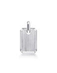 A silver rectangular pendant with a brushed metal finish and a polished bail at the top, centered on a plain white background.