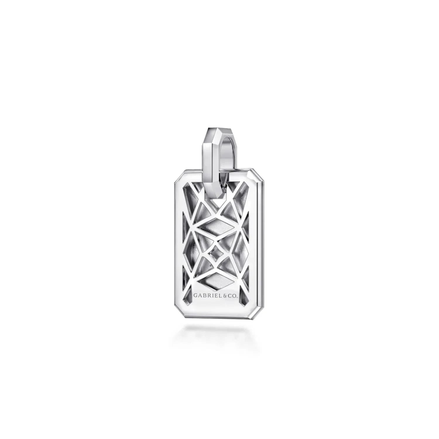 A silver geometric dog tag pendant with a cutout triangular pattern and a bail at the top, shown on a clean white background with a subtle reflection below.