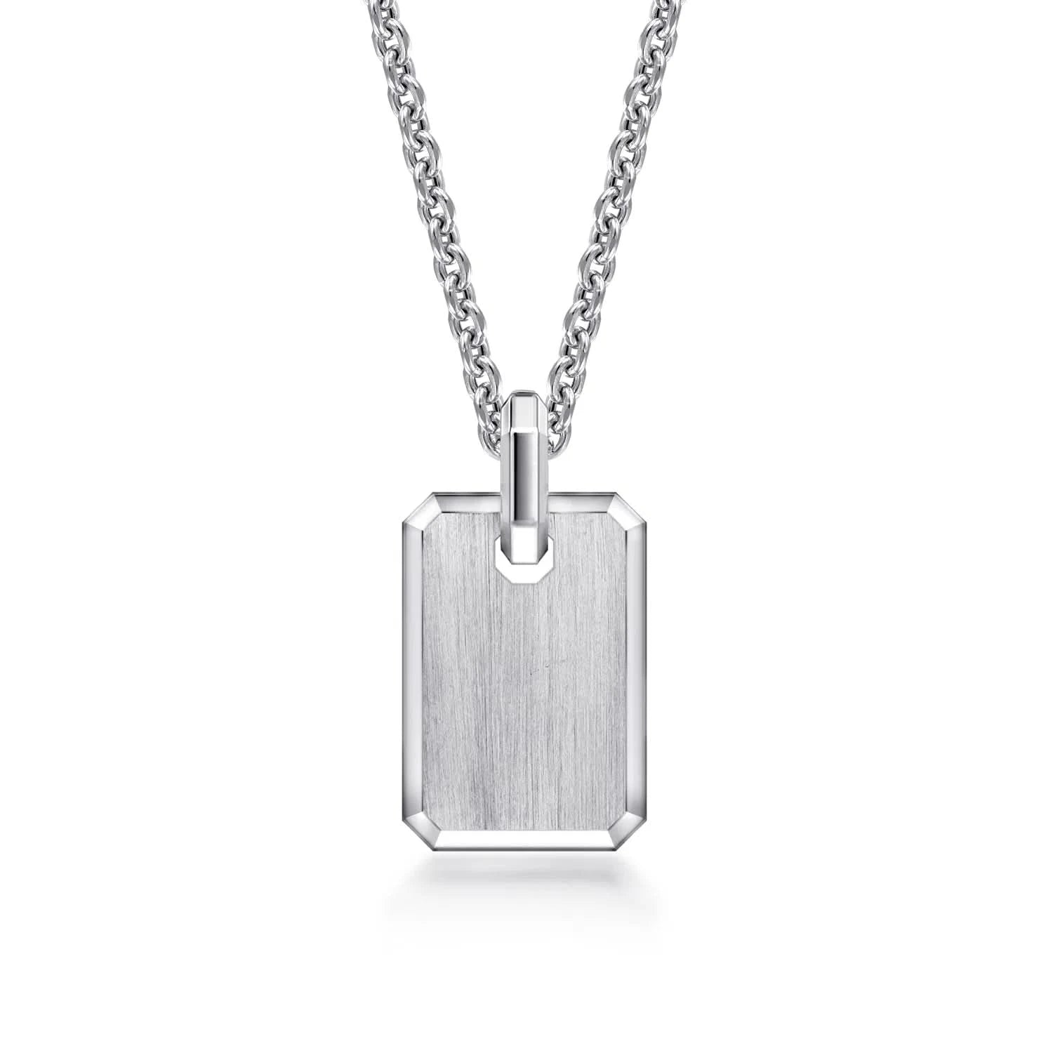 A silver rectangular dog tag pendant necklace with a brushed metal finish and a polished bail, suspended from a silver cable chain on a white background.