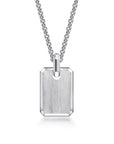A silver rectangular dog tag pendant necklace with a brushed metal finish and a polished bail, suspended from a silver cable chain on a white background.