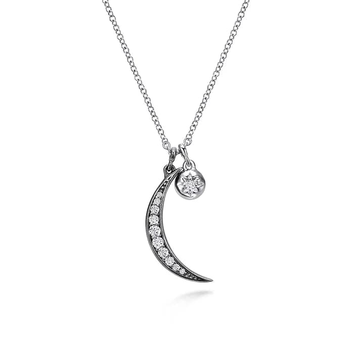 Gabriel & Co. Sterling Silver Star and Moon Charm Necklace with White Sapphire - Skeie's Jewelers