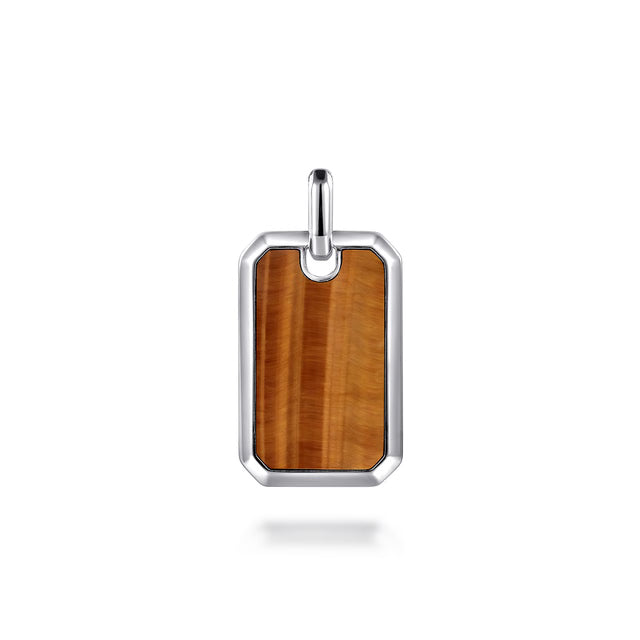 A rectangular dog tag pendant featuring a warm brown Tigers eye center inlay, surrounded by a polished silver-tone metal border and a matching top loop, shown on a clean white background.
