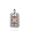 A rectangular silver pendant charm with a geometric filigree cutout pattern and a central interlocking G& logo, set against a warm brown background. The brand name 'Gabriel & co' is subtly printed at the bottom edge of the charm.