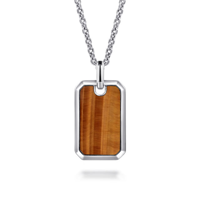 Necklace with a rectangular pendant featuring a brown tiger's eye stone on a white background