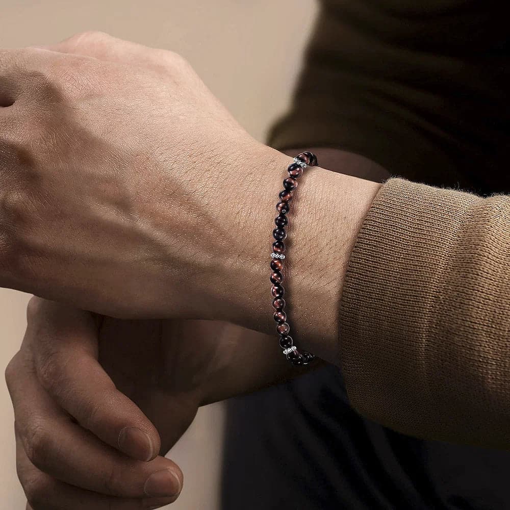 Gabriel & Co. 925 Sterling Silver and 4mm Tiger Eye Beaded Bracelet - Skeie's Jewelers