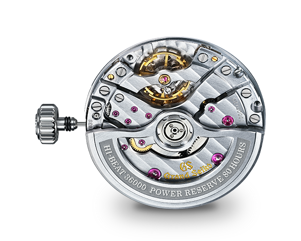 Close-up of a Grand Seiko watch mechanism on a white background