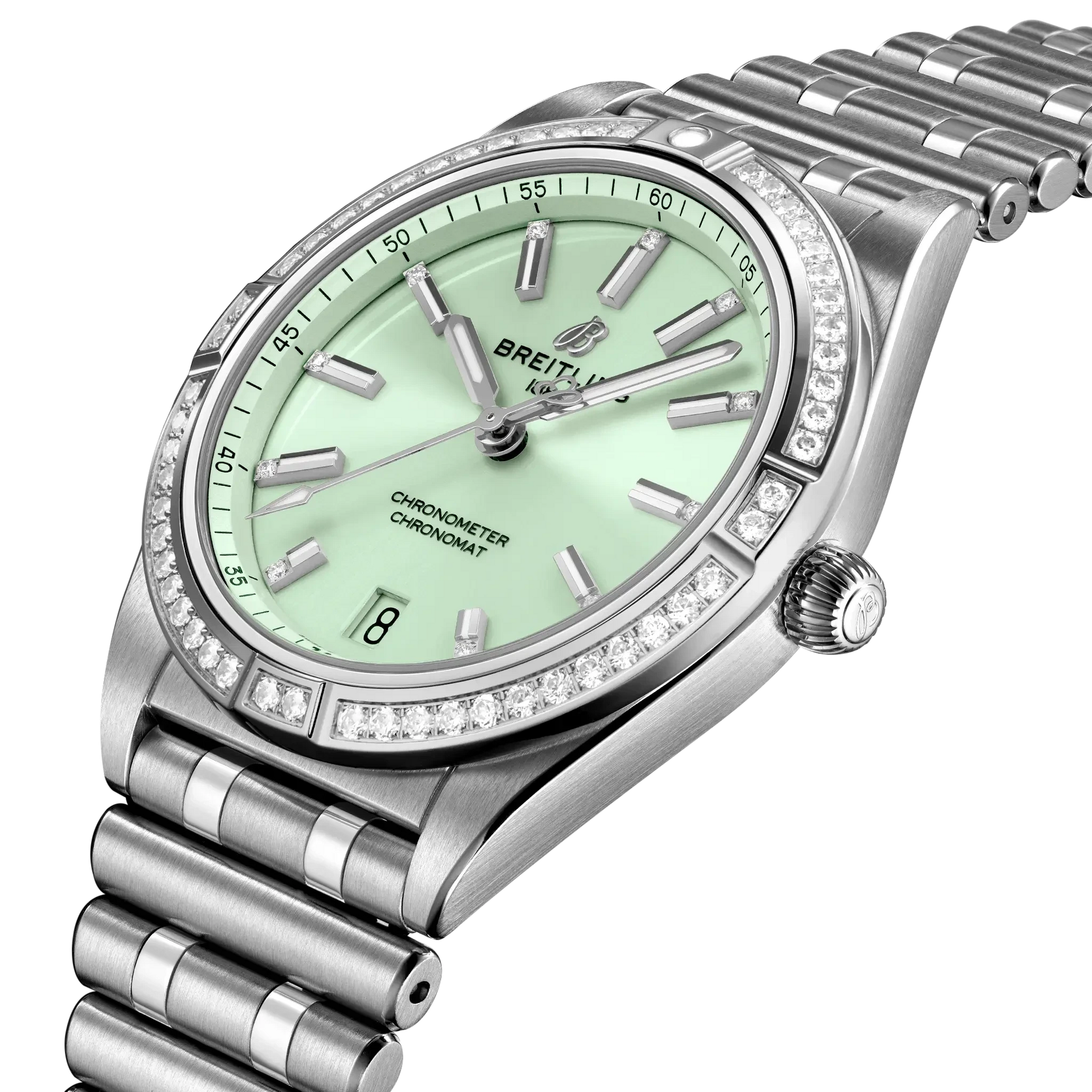 Breitling Chronomat Automatic 36mm Mint Green Dial on stainless steel strap - Three-Quarter View