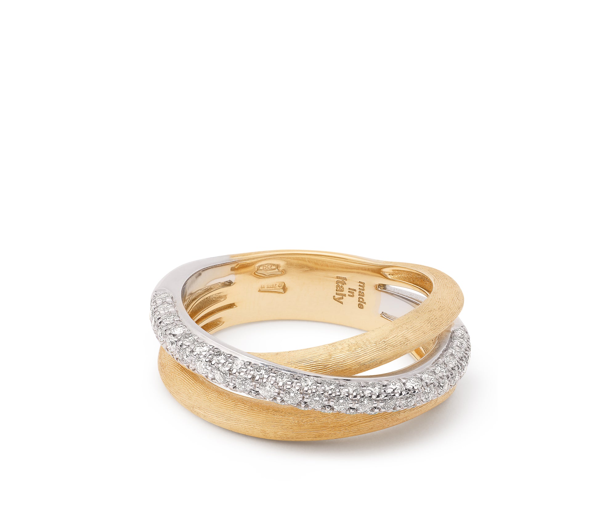 Gold and white gold band with diamonds on white background