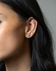 A close-up of a woman's ear wearing a small round stud earring with a blue and white pattern, set against a neutral gray background.
