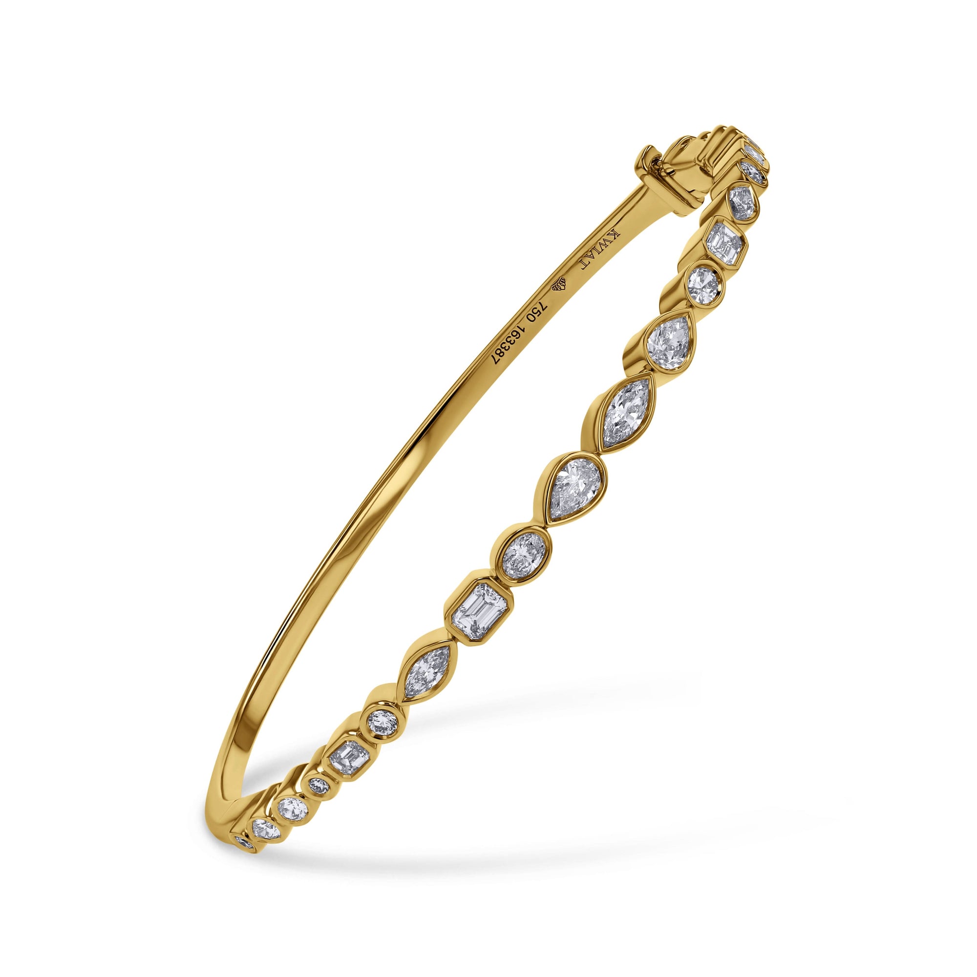 Gold bracelet with diamond accents on a white background angled