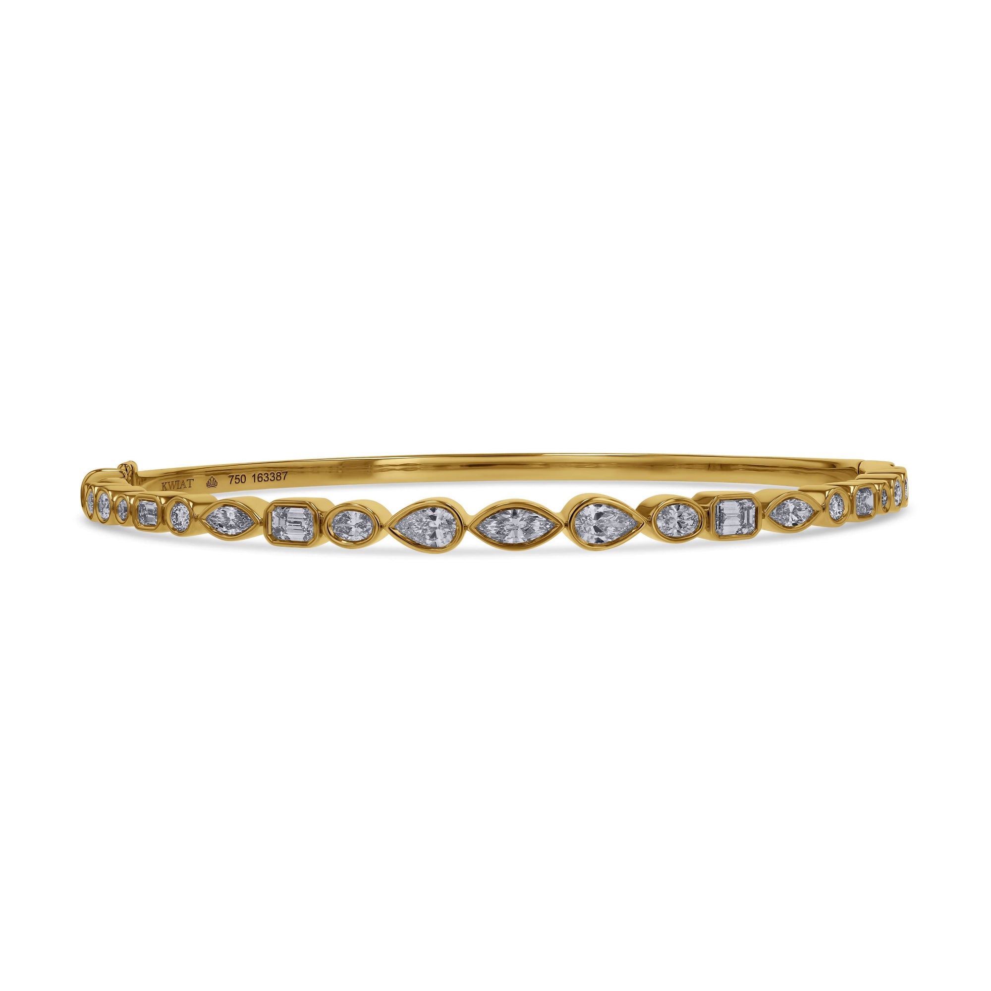 Gold bracelet with mixed shape diamonds on a white background