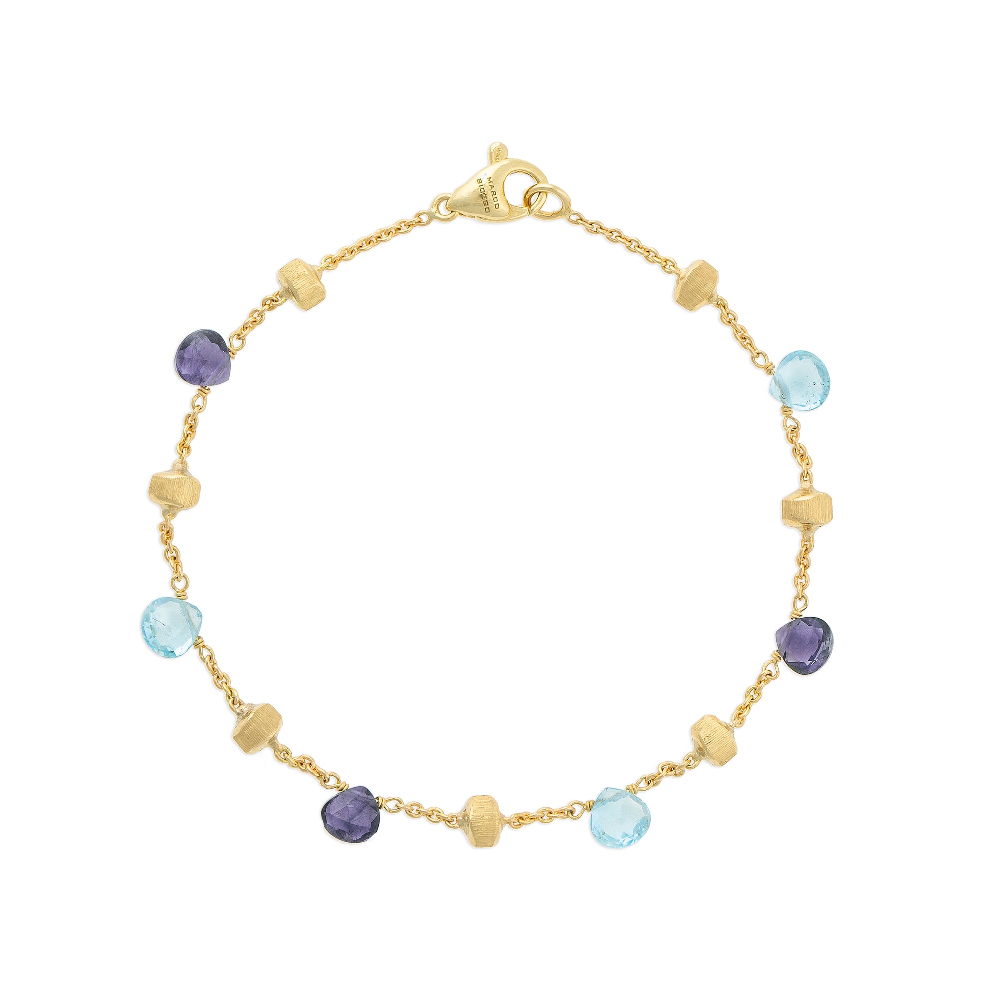 Gold bracelet with multicolored beads on a white background
