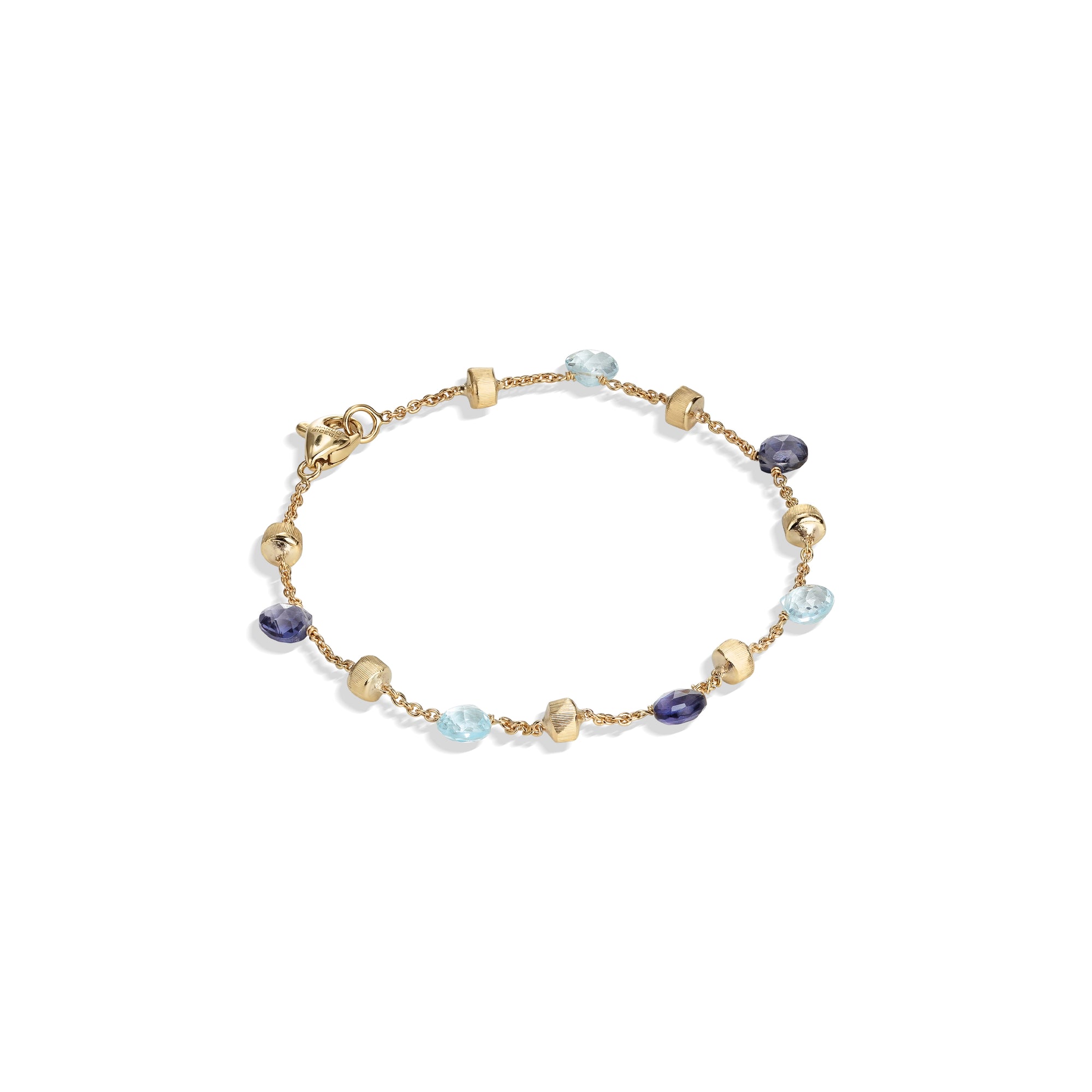 Gold bracelet with multicolored beads on a white background to view