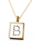 A gold pendant necklace featuring a square frame with a clear center panel set with small diamonds arranged to spell the letter 'B'.