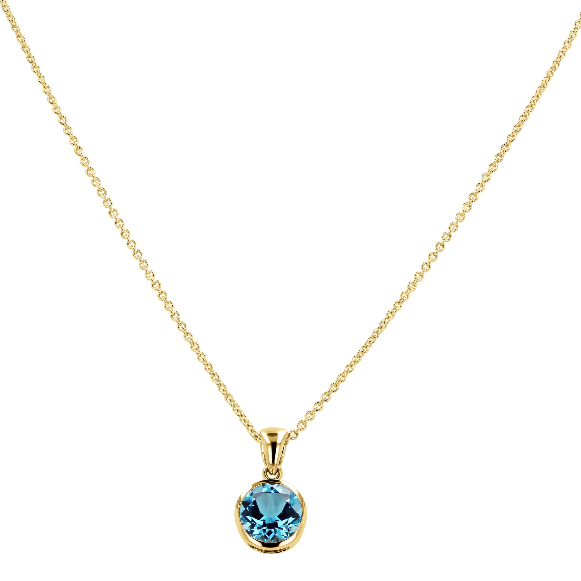 Gold necklace with a blue gemstone pendant on a white background