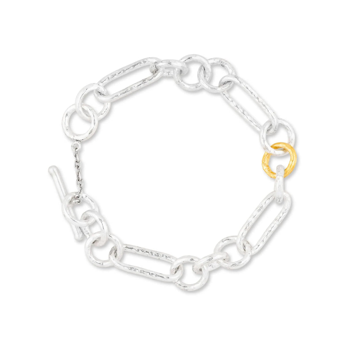 silver and gold bracelet with oval and round links with toggle clasp
