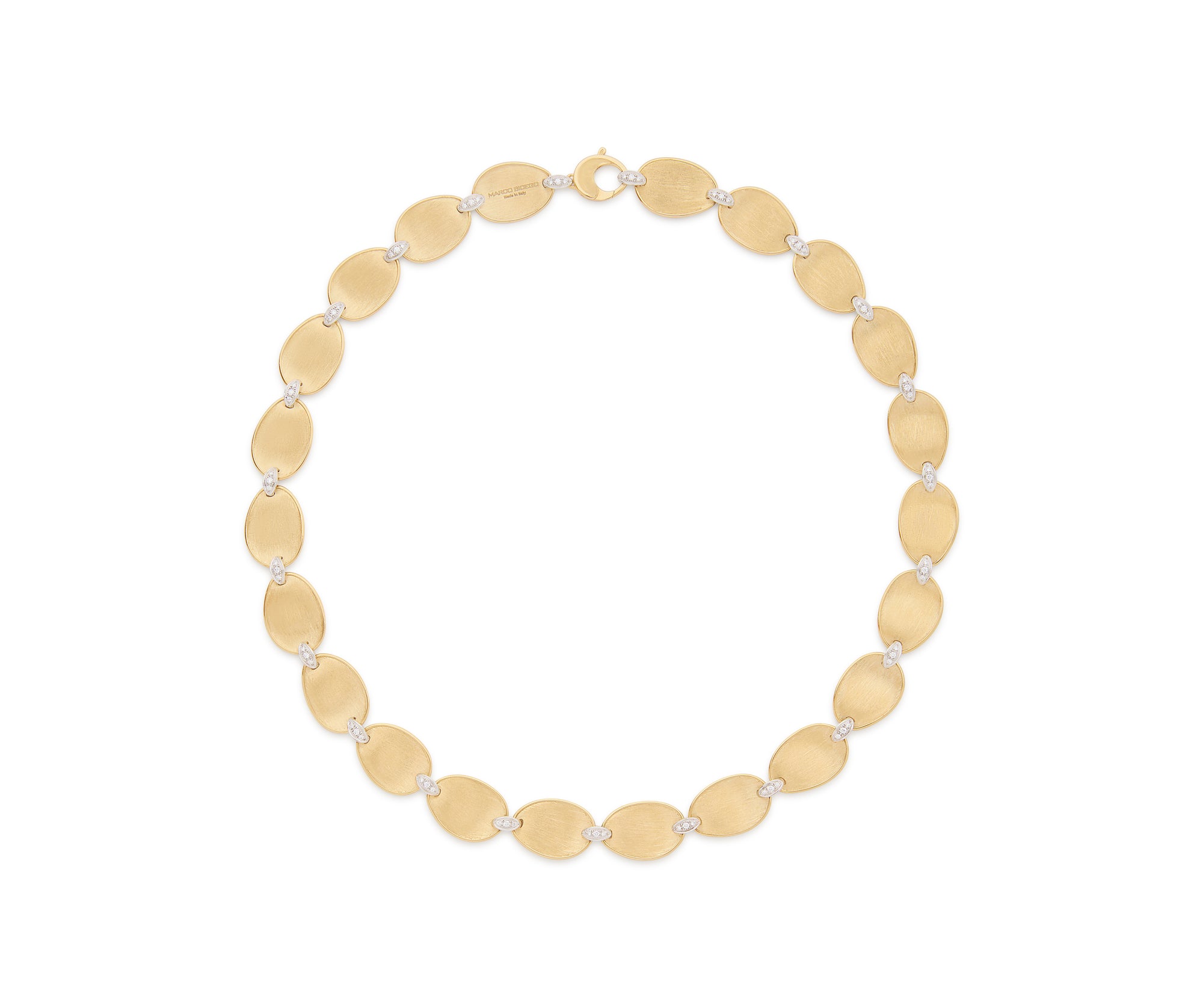 Gold necklace with diamond connections on a white background
