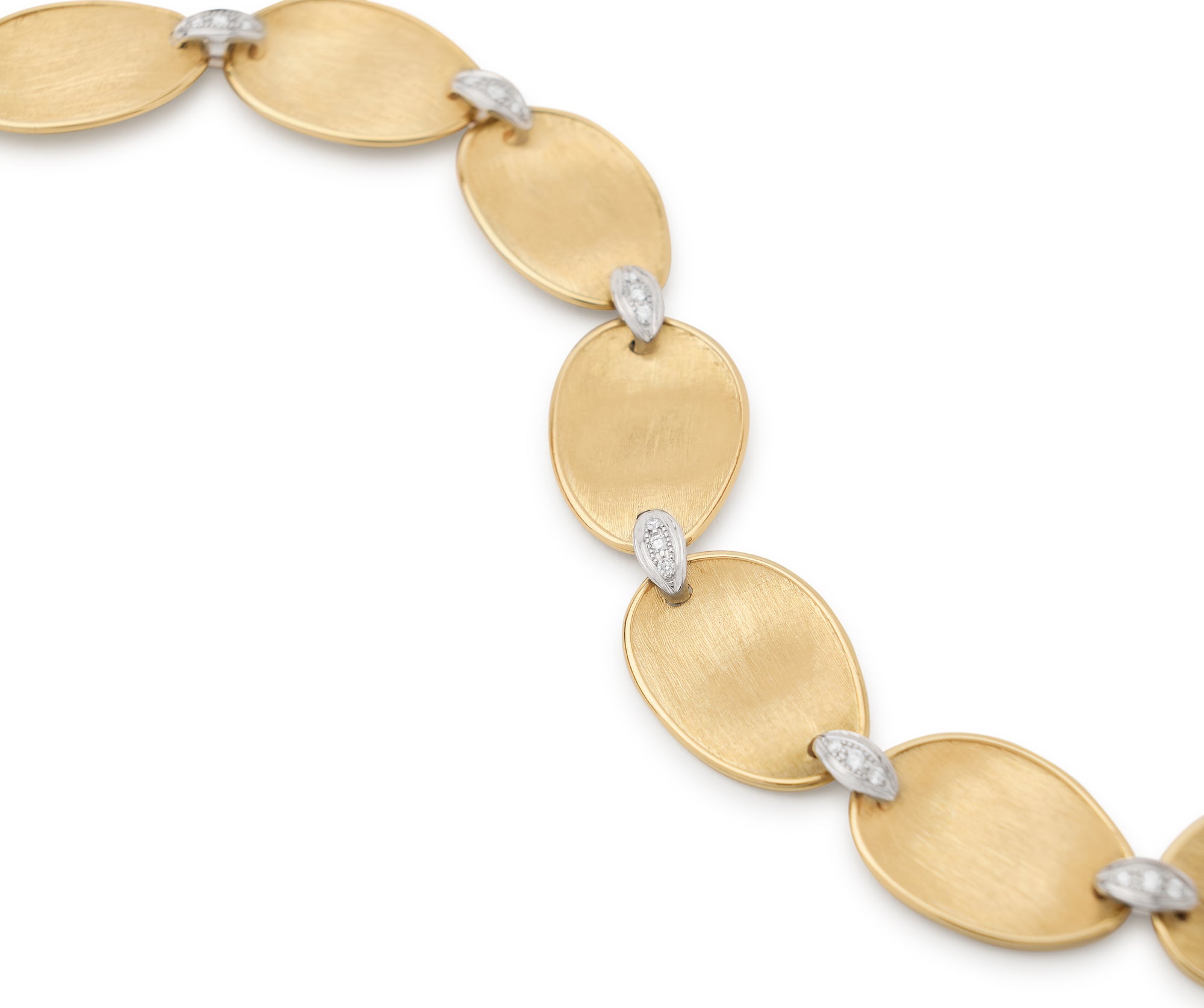 Gold necklace with oval links and embedded diamonds on a white background