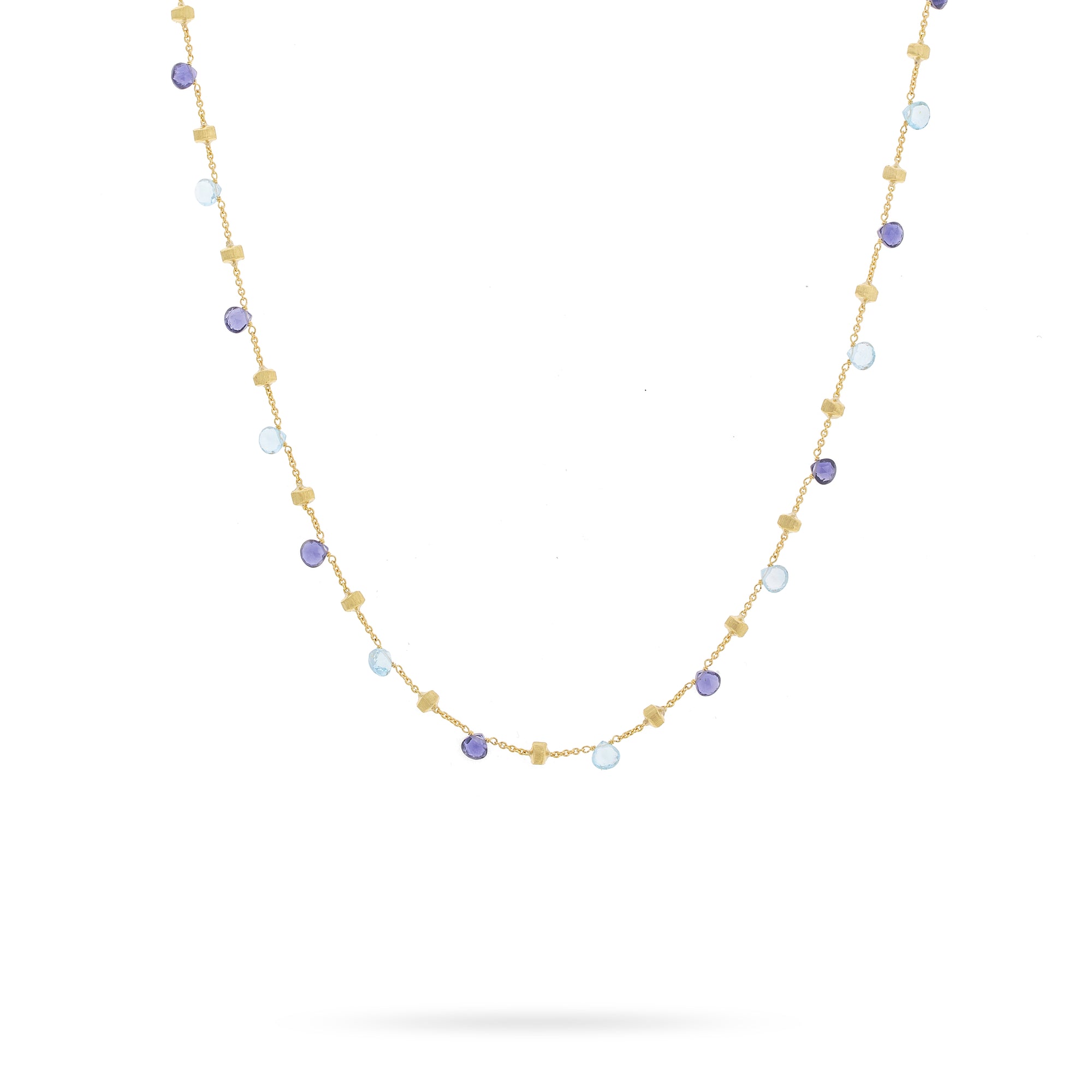 Necklace with small blue beads on a white background