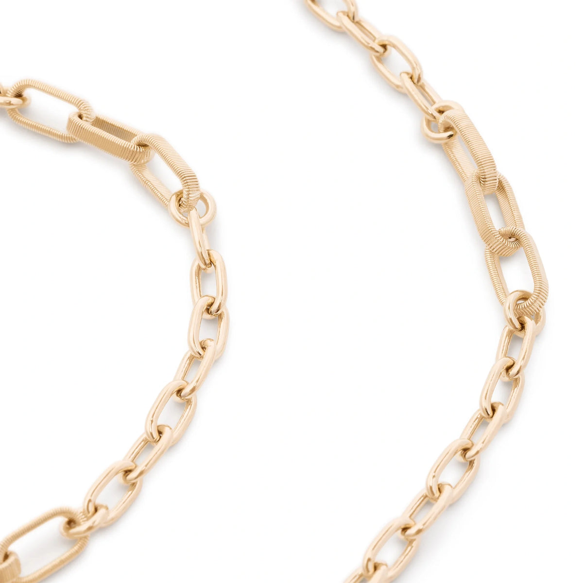 A close-up of a gold paperclip chain necklace on a clean white background.