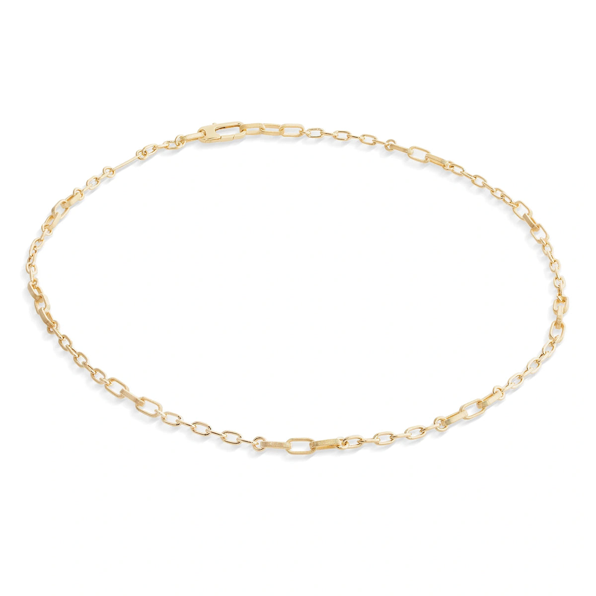 A delicate yellow gold chain anklet with elongated oval links and a lobster clasp, displayed on a clean white background.