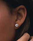 Close-up of a lab diamond stud earring on an ear with a blurred background