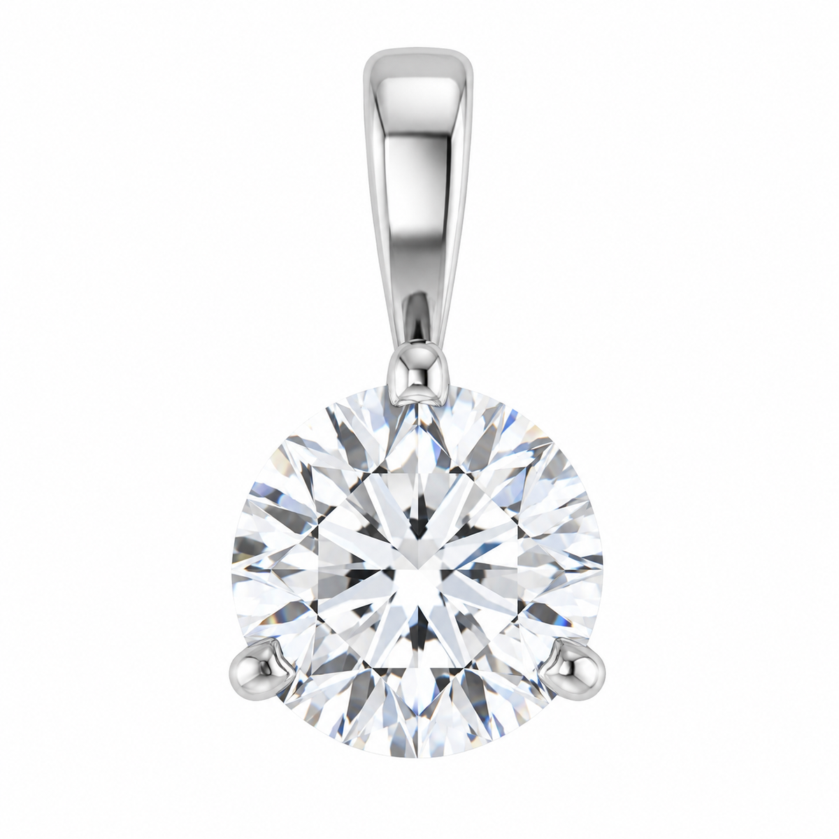 A round brilliant-cut diamond pendant in a three-prong silver setting on a solid white background.