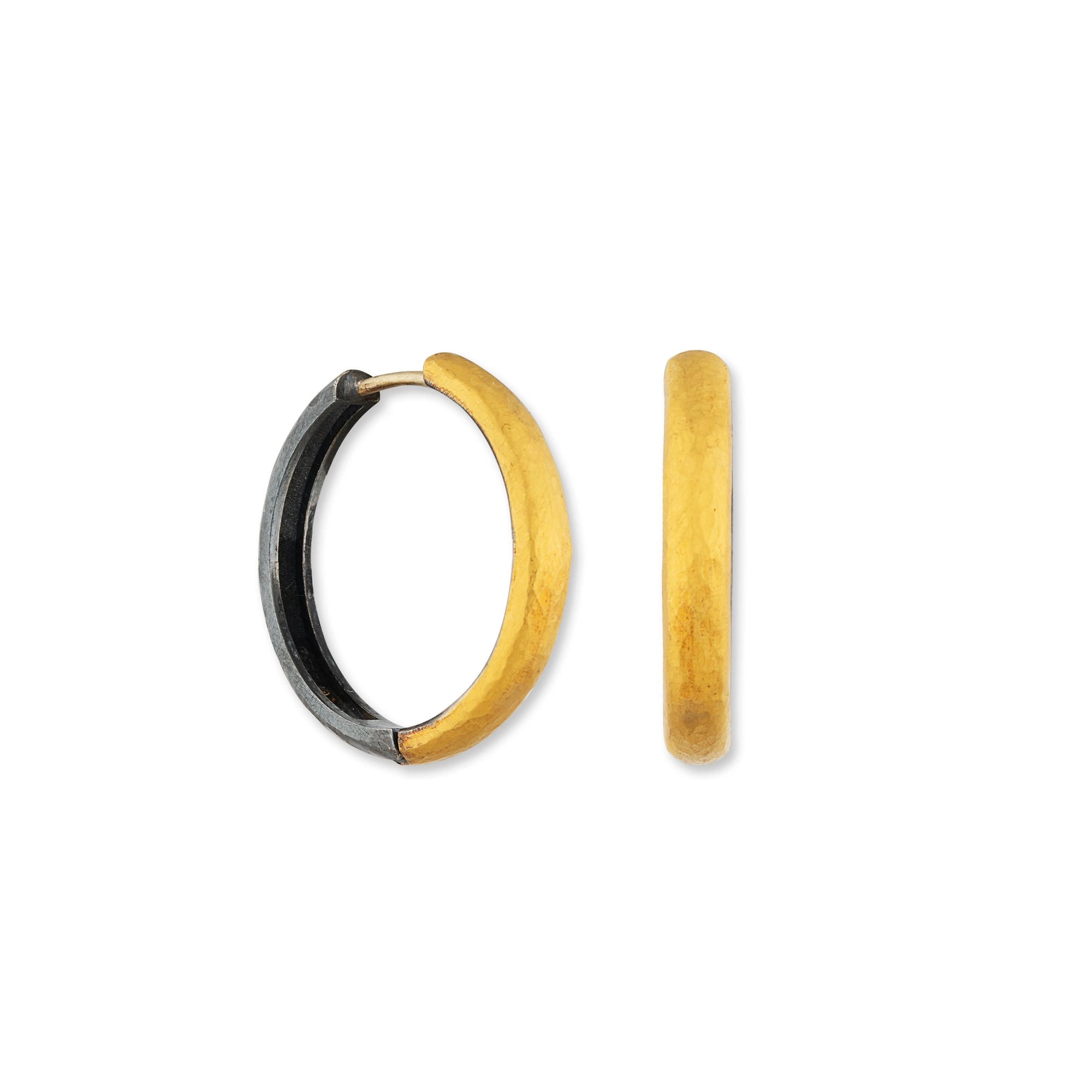 yellow gold and black silver hoops on a white background
