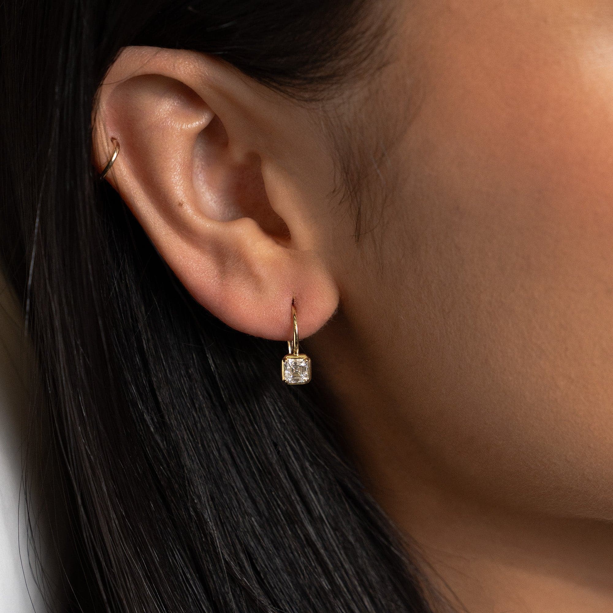 Yellow Gold Ascher Cut Diamond Dangle Earrings - Skeie's Jewelers