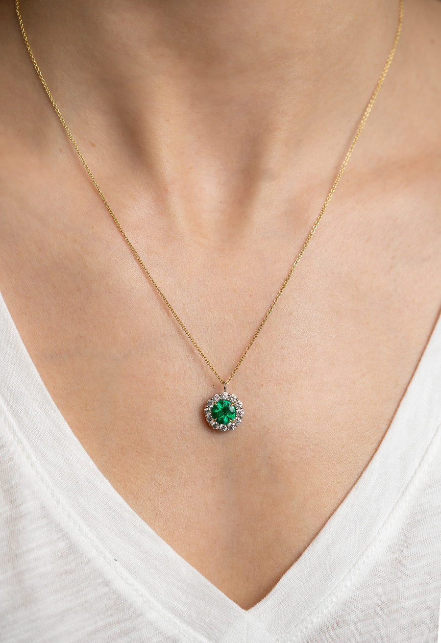 Platinum Emerald & Diamond Halo Pendant Necklace - Skeie's Jewelers