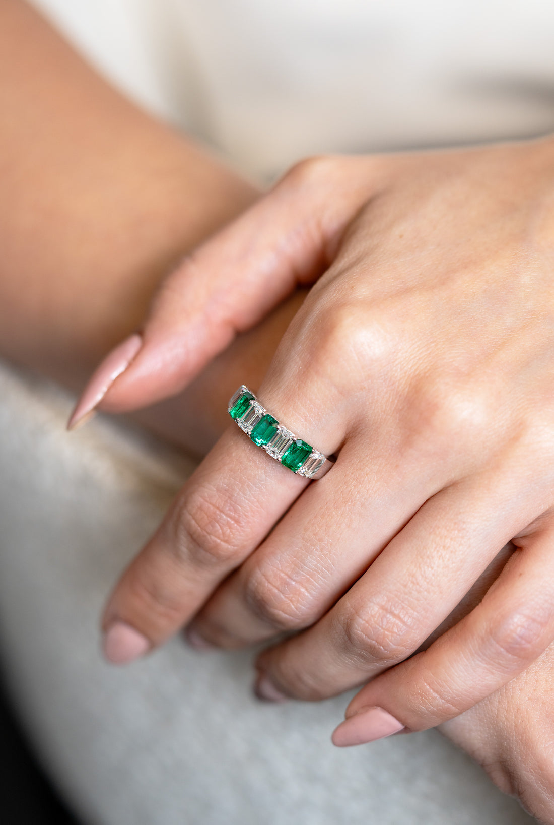 JB Star Diamond & Emerald Half Round Platinum Band Ring