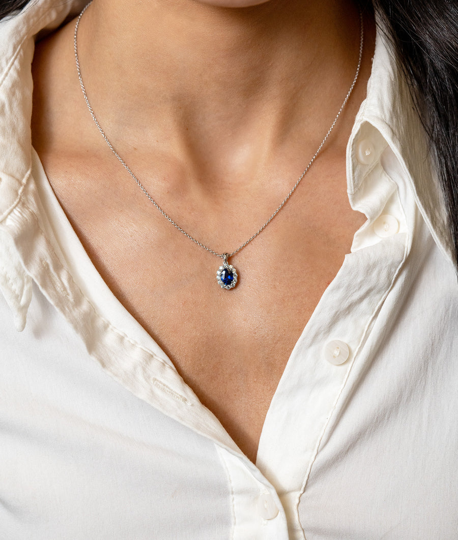 Sapphire & Diamond Halo Pendant Necklace