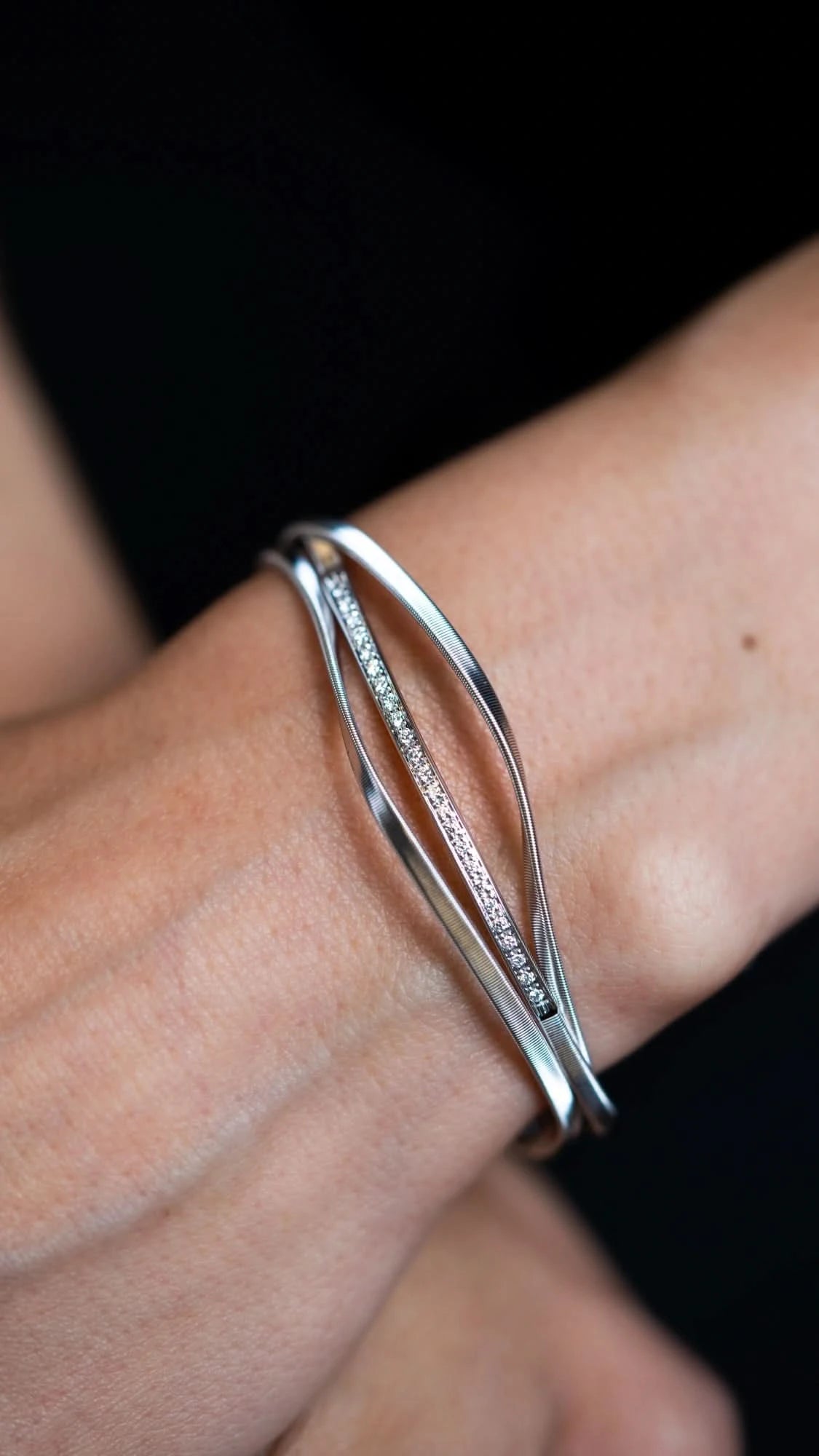 Marco Bicego 18k White Gold 3-Strand Bangle with Diamond Bar - Skeie's Jewelers