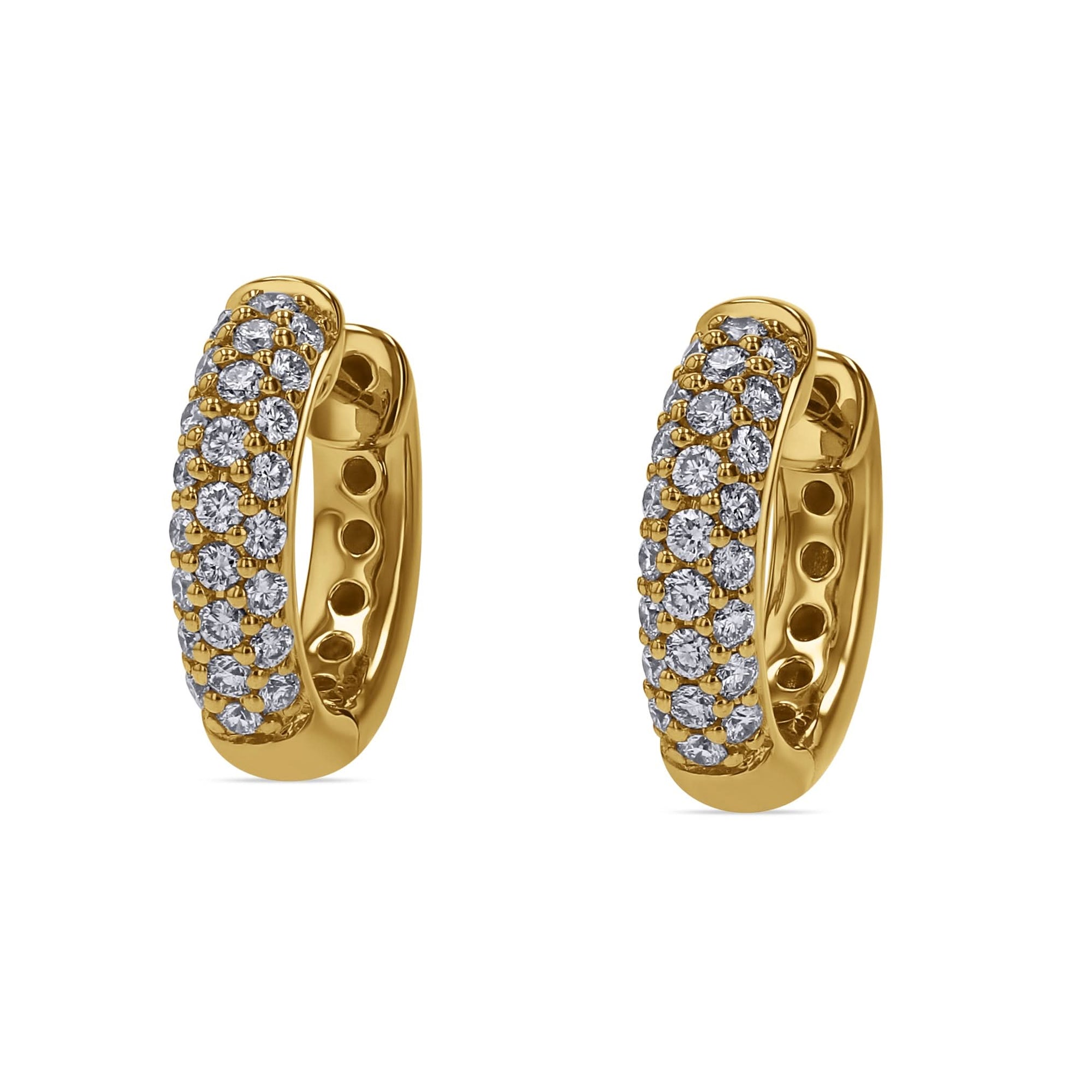 Gold hoop earrings with diamond accents on a white background front view