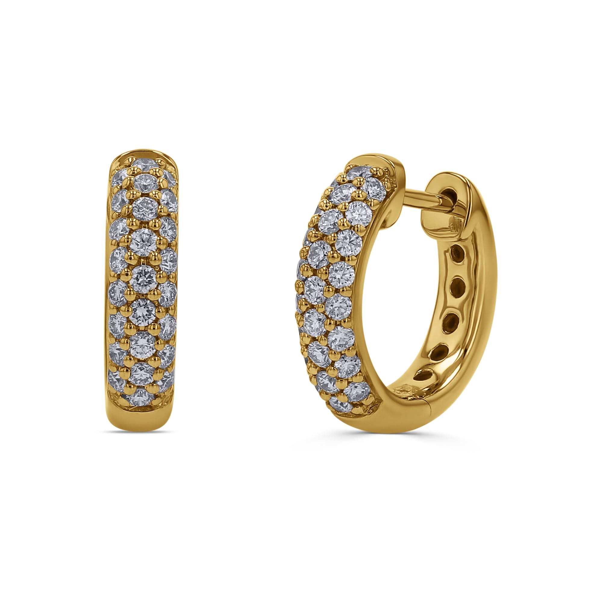 Gold hoop earrings with pave diamond accents on a white background