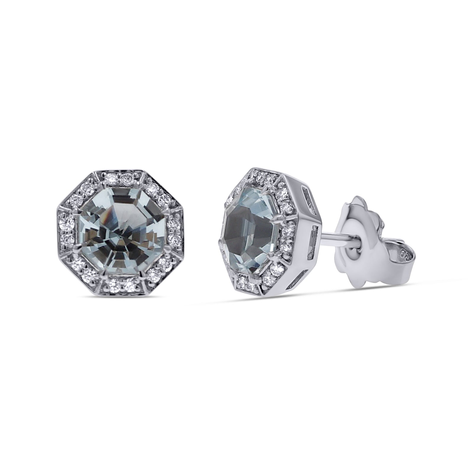 Octagon-Cut Aquamarine and Diamond Halo Studs - Skeie's Jewelers
