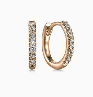 Rose gold hoop earrings with diamond accents on a white background