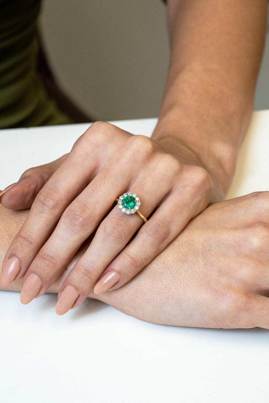 Emerald and Diamond Halo Ring